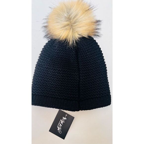 Kyi Kyi Womens Wool Blend Faux Fur Pom-Pom Beanie Hat Black Tan One Size NWT - Picture 3 of 4